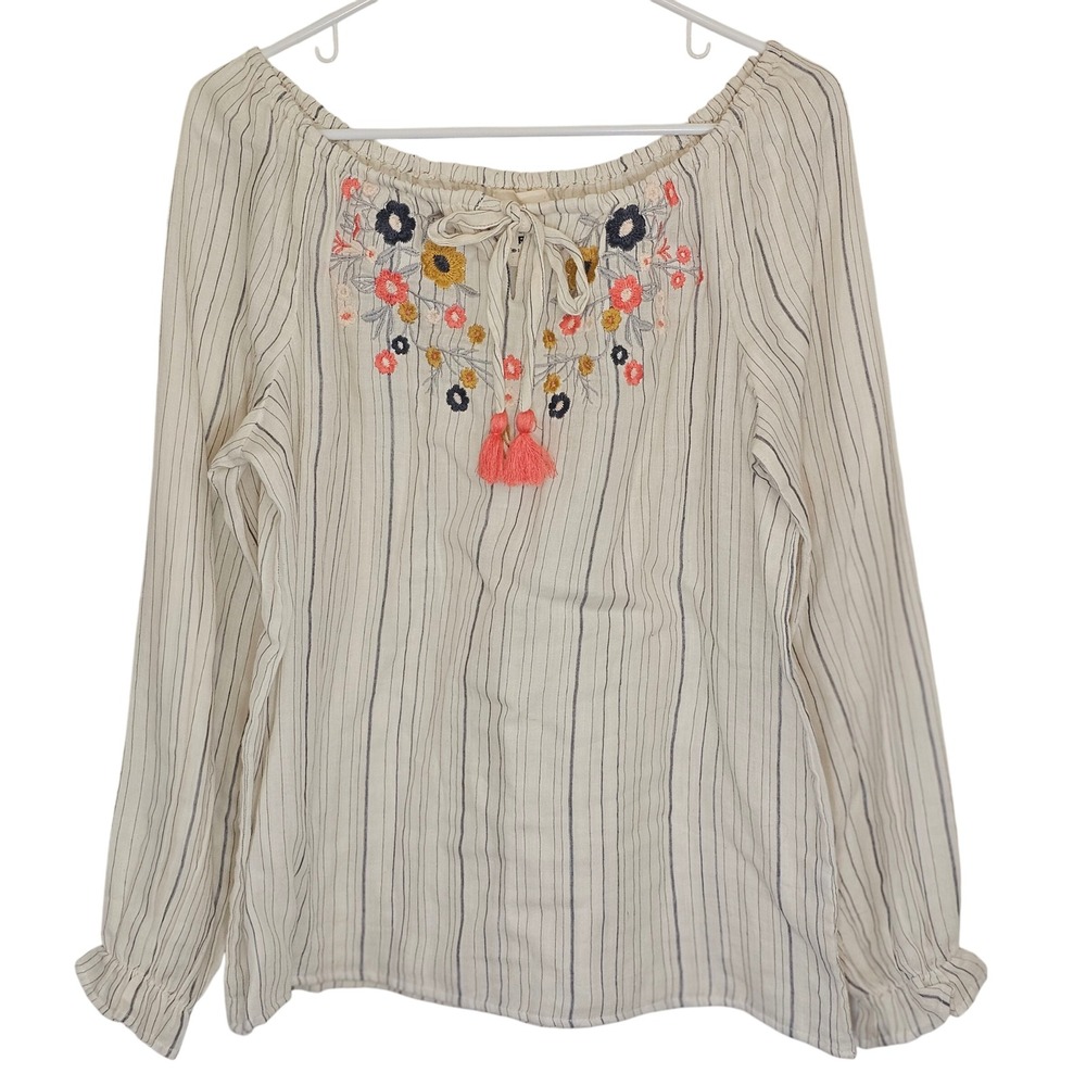 Cotton & Rye‎ Embroidered Striped Tassel Blouse Women's Medium Boho Chic Floral